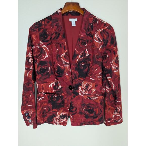 Chico's Size 0 Blazer Jacket Bold Floral Print Red Black Lined Cotton - Picture 4 of 11